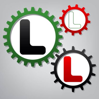 L harfi işareti şablon öğesi tasarım. Vektör. Üç bağlı gears grimsi arka plan simgeleri ile.