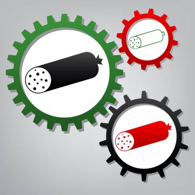 Sosis işareti illüstrasyon. Vektör. Üç bağlı gears grimsi arka plan simgeleri ile.