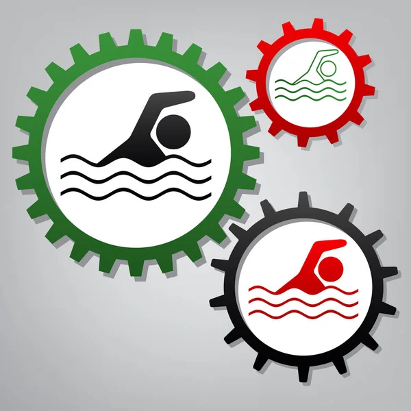 Swimming water sport sign. Vector. Three connected gears with ic