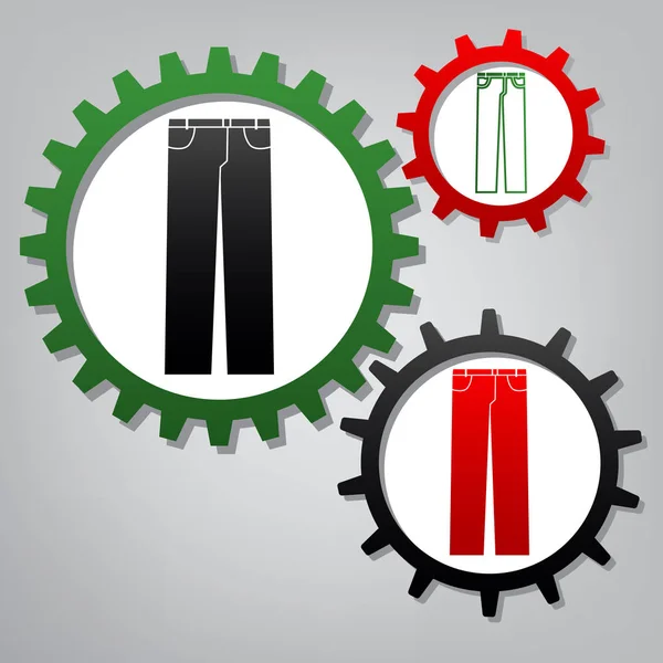 Pantalones vaqueros para hombre o signo. Vector. Tres engranajes conectados con ic — Vector de stock