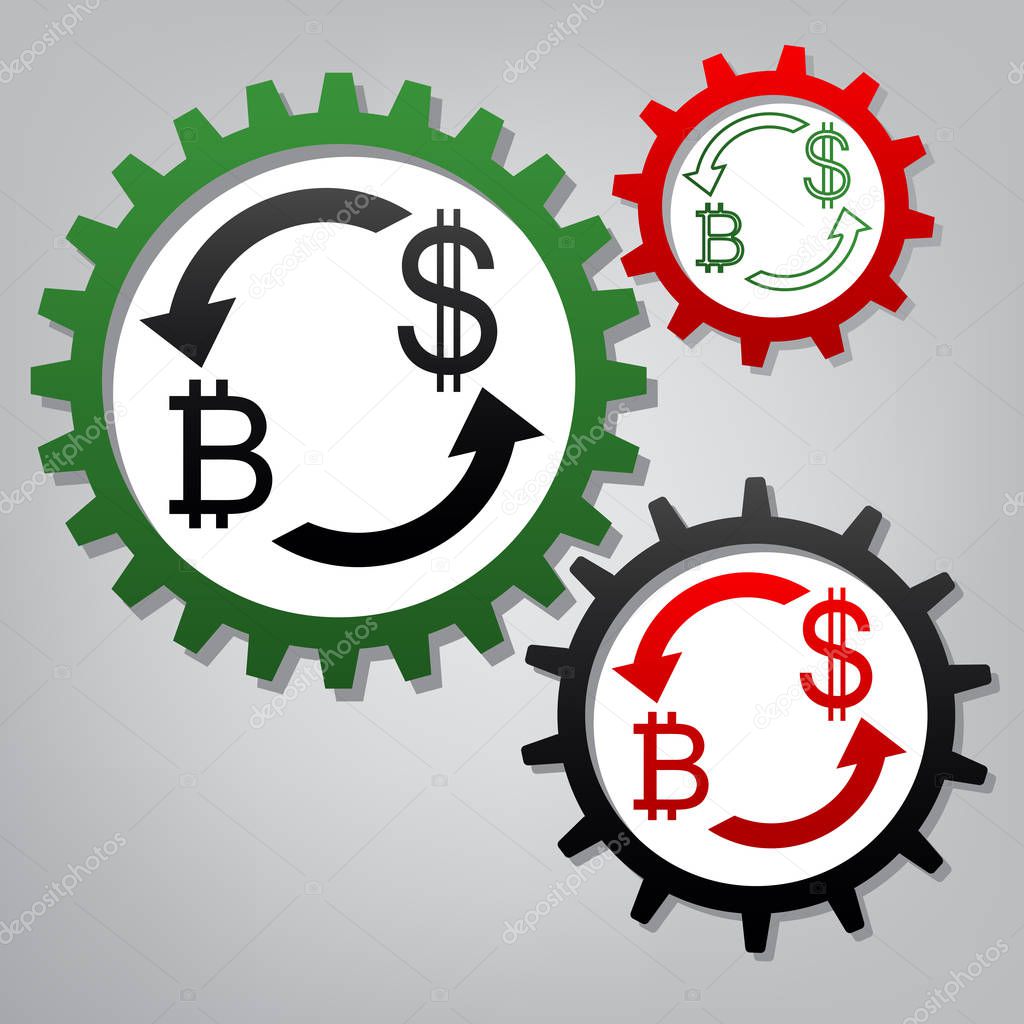 Currency exchange sign. Bitcoin and US Dollar. Vector. Three con