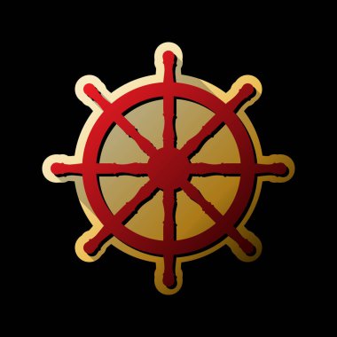 Tekerlek işareti gemi. Vektör. Küçük siyah ve sınırsız gölgeler, siyah zemin üzerine altın etiket ile kırmızı simge.