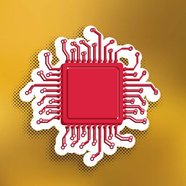 CPU mikroişlemci illüstrasyon. Vektör. Altın arka plan üzerinde siyah popart gölge koyu gölge, beyaz etiket ile kırmızı simge.