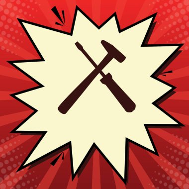 Araçlar illüstrasyon işareti. Vektör. Limon şifon çekim kabarcığın ışınları ile kırmızı popart arka plan, koyu kırmızı simge.