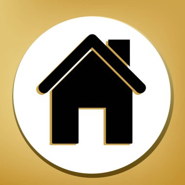 Ev siluet çizimi. Vektör. Beyaz daire şeklinde yüzük, altın arka plan ile hafif kahverengi gölgeli siyah simgesi.