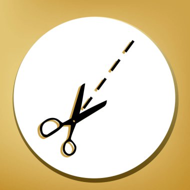 Makas illüstrasyon işareti. Vektör. Beyaz daire şeklinde yüzük, altın arka plan ile hafif kahverengi gölgeli siyah simgesi.