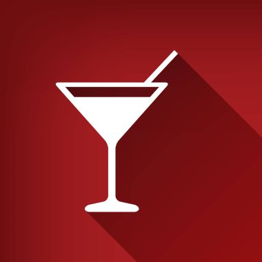 Kokteyl işareti illüstrasyon. Vektör. Yakut kırmızı arka plan, sınırsız gölge beyaz simgesi.