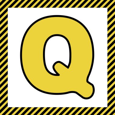 Harf Q işareti şablon öğesi tasarım. Vektör. Sıcak sarı simge siyah kontur, beyaz arka plan yapım aşamasında adlý çerçeve ile. İzole.