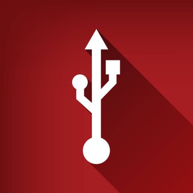 USB işareti illüstrasyon. Vektör. Yakut kırmızı arka plan, sınırsız gölge beyaz simgesi.