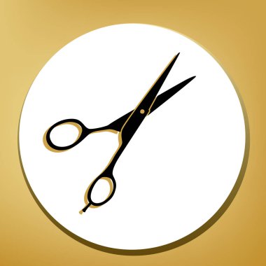 Saç kesme Makası imzala. Vektör. Beyaz daire şeklinde yüzük, altın arka plan ile hafif kahverengi gölgeli siyah simgesi.