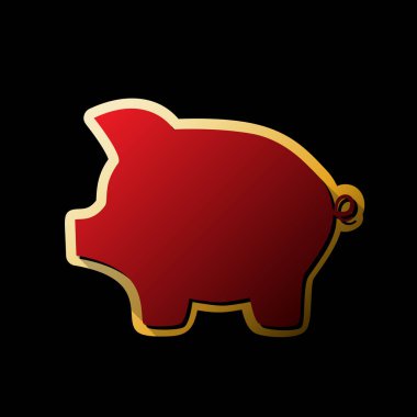 Domuz para banka işareti. Vektör. Küçük siyah ve sınırsız gölgeler, siyah zemin üzerine altın etiket ile kırmızı simge.
