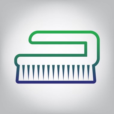 Temizlik fırça hijyen aracı oturum. Vektör. Yeşil ışık Center'da grimsi arka plan mavi degrade kontur simgesine.