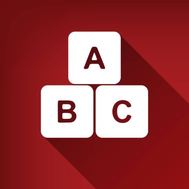 ABC küp işareti illüstrasyon. Vektör. Yakut kırmızı arka plan, sınırsız gölge beyaz simgesi.
