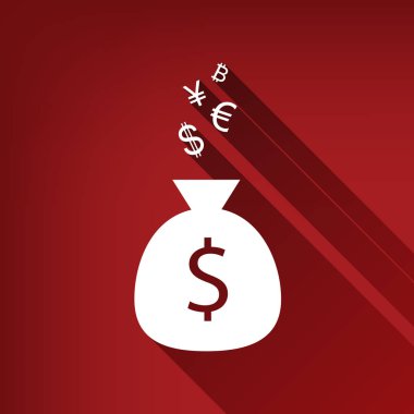 Para çantası işareti para birimi simgeleri ile. Vektör. Yakut kırmızı arka plan, sınırsız gölge beyaz simgesi.