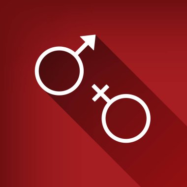 Seks sembolü işareti. Vektör. Yakut kırmızı arka plan, sınırsız gölge beyaz simgesi.