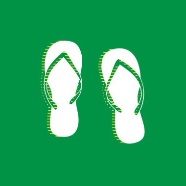 Flip flop işareti. Vektör. Yeşil arka plan, sarı çizgili gölge beyaz düz simgesi.