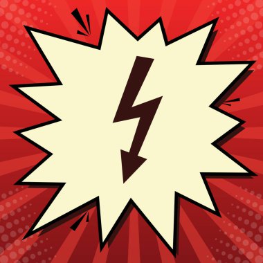 Yüksek gerilim tehlike işareti. Vektör. Limon şifon çekim kabarcığın ışınları ile kırmızı popart arka plan, koyu kırmızı simge.