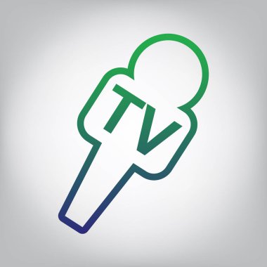 TV mikrofon işaret illüstrasyon. Vektör. Yeşil ışık Center'da grimsi arka plan mavi degrade kontur simgesine.