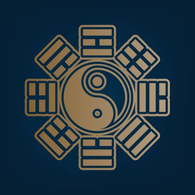 Yin ve yang bagua düzenleme ile oturum açın. Vektör. Simge ve koyu mavi arka plan, kenarlık.