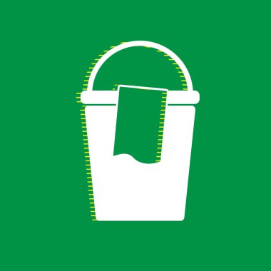 Kova ve bir bez işaret. Vektör. Yeşil arka plan, sarı çizgili gölge beyaz düz simgesi.