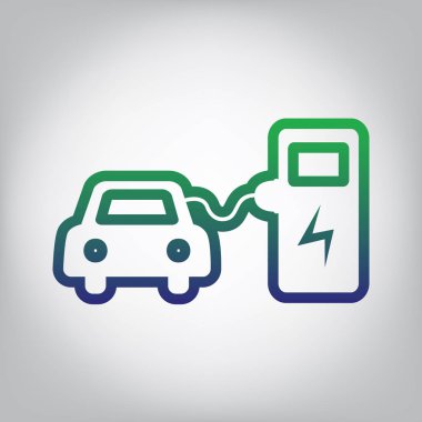 Elektrikli araba pil şarj işaret. Vektör. Yeşil ışık Center'da grimsi arka plan mavi degrade kontur simgesine.