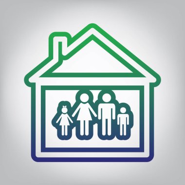 Aile işareti illüstrasyon. Vektör. Yeşil ışık Center'da grimsi arka plan mavi degrade kontur simgesine.