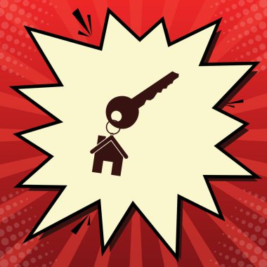 Anahtarlık bir ev işareti olarak anahtarla. Vektör. Limon şifon çekim kabarcığın ışınları ile kırmızı popart arka plan, koyu kırmızı simge.