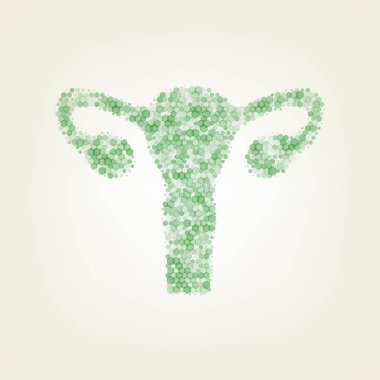 İnsan anatomisi. Rahim işareti. Vektör. Yeşil altıgen rastered simge ve noised opaklık ve boyut olarak merkezi ışık ile açık yeşil renkli.