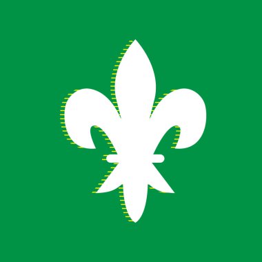 Royal lily, Kral, Kraliçe in iris çiçeği. Tasarım öğeleri. Vektör. Yeşil arka plan, sarı çizgili gölge beyaz düz simgesi.