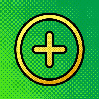 Pozitif sembol artı işareti. Vektör. Pop sanat turuncu yeşilimsi arka plan, siyah kontur ile sarı noktalar-gradient simgesine.