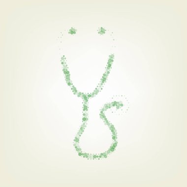 Stetoskop işareti illüstrasyon. Vektör. Yeşil altıgen rastered simge ve noised opaklık ve boyut olarak merkezi ışık ile açık yeşil renkli.