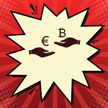 El el üzerinden Döviz Alım Satım. Euro Bitcoin bir. Vektör. Limon şifon çekim kabarcığın ışınları ile kırmızı popart arka plan, koyu kırmızı simge.