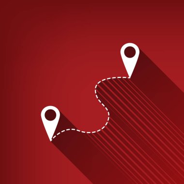 Gps konumu PIN navigasyon haritası, imzala. Vektör. Yakut kırmızı arka plan, sınırsız gölge beyaz simgesi.