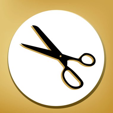 Makas illüstrasyon işareti. Vektör. Beyaz daire şeklinde yüzük, altın arka plan ile hafif kahverengi gölgeli siyah simgesi.