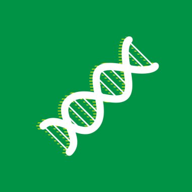 Dna işareti. Vektör. Yeşil arka plan, sarı çizgili gölge beyaz düz simgesi.