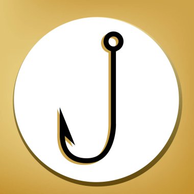Balıkçılık kanca işareti illüstrasyon. Vektör. Beyaz daire şeklinde yüzük, altın arka plan ile hafif kahverengi gölgeli siyah simgesi.