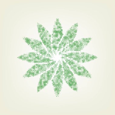 Çiçek işareti. Vektör. Yeşil altıgen rastered simge ve noised opaklık ve boyut olarak merkezi ışık ile açık yeşil renkli.