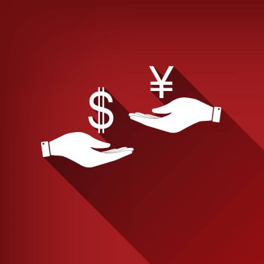 El el üzerinden Döviz Alım Satım. Dolar ve Yen. Vektör. Yakut kırmızı arka plan, sınırsız gölge beyaz simgesi.