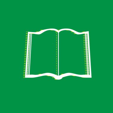 Kitap işareti. Vektör. Yeşil arka plan, sarı çizgili gölge beyaz düz simgesi.