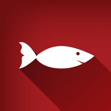 Balık illüstrasyon işareti. Vektör. Yakut kırmızı arka plan, sınırsız gölge beyaz simgesi.