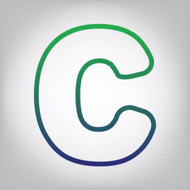 Harf C işareti şablon öğesi tasarım. Vektör. Yeşil ışık Center'da grimsi arka plan mavi degrade kontur simgesine.