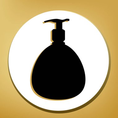 Jel, köpük veya sıvı sabun. Dağıtıcı plastik şişe pompa siluet. Vektör. Beyaz daire şeklinde yüzük, altın arka plan ile hafif kahverengi gölgeli siyah simgesi.