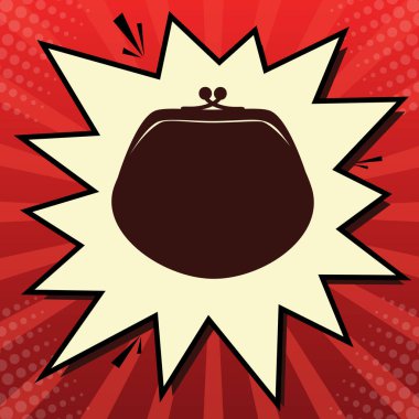 Çanta işareti illüstrasyon. Vektör. Limon şifon çekim kabarcığın ışınları ile kırmızı popart arka plan, koyu kırmızı simge.
