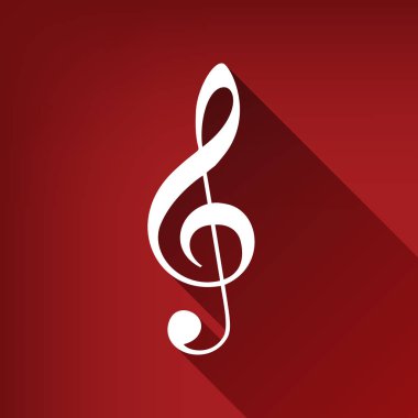 Müzik keman nota anahtarı işareti. G-nota anahtarı. Tiz nota anahtarı. Vektör. Yakut kırmızı arka plan, sınırsız gölge beyaz simgesi.