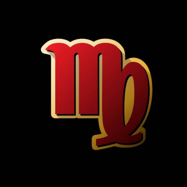 Başak işareti illüstrasyon. Vektör. Küçük siyah ve sınırsız gölgeler, siyah zemin üzerine altın etiket ile kırmızı simge.