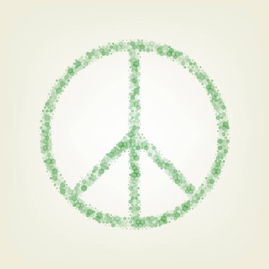 Barış işareti illüstrasyon. Vektör. Yeşil altıgen rastered simge ve noised opaklık ve boyut olarak merkezi ışık ile açık yeşil renkli.