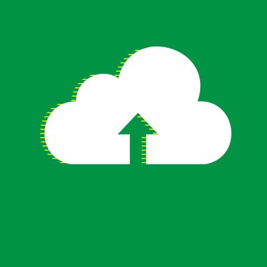 Bulut teknoloji işareti. Vektör. Yeşil arka plan, sarı çizgili gölge beyaz düz simgesi.