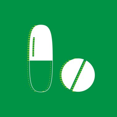 Tıbbi hapları işareti. Vektör. Yeşil arka plan, sarı çizgili gölge beyaz düz simgesi.