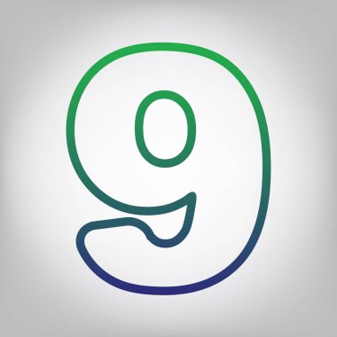 9 numara işareti tasarım şablonu öğesi. Vektör. Yeşil ışık Center'da grimsi arka plan mavi degrade kontur simgesine.