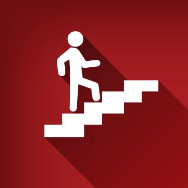 Adam merdivenlerde gidiyor. Vektör. Yakut kırmızı arka plan, sınırsız gölge beyaz simgesi.